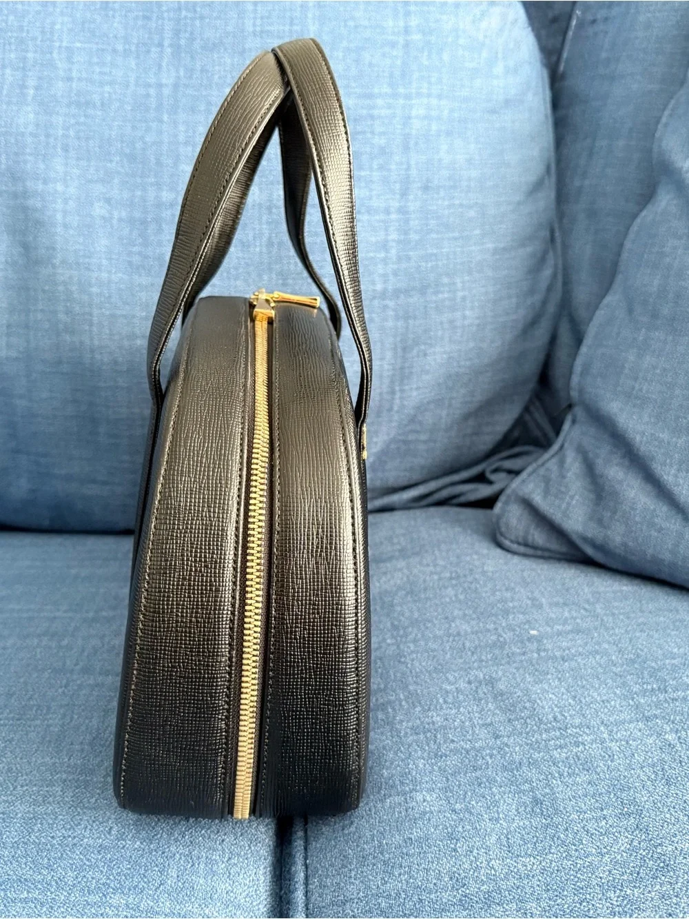 MCM Black Textured Leather Dome Satchel with Gold Accents